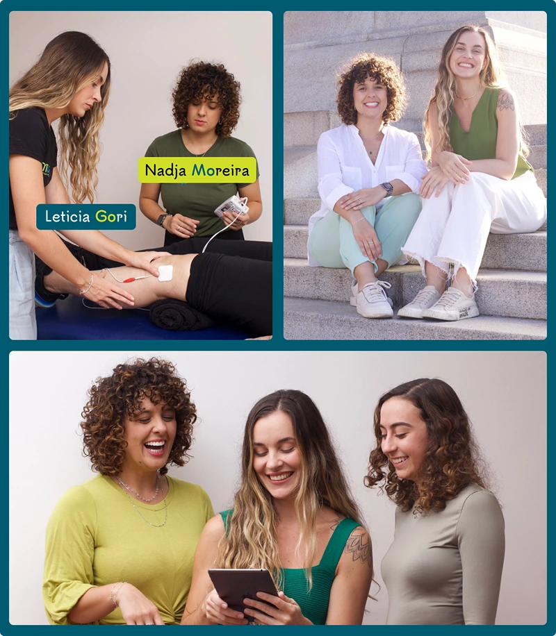 Colagem com fotos das fundadoras Nadja Moreira e Leticia Gori e equipe da Gomo Reabilitação Neurofuncional