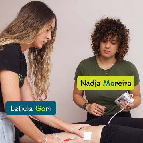 Nadja Moreira e Leticia Gori aplicando eletroestimulação funcional FES em paciente na Gomo